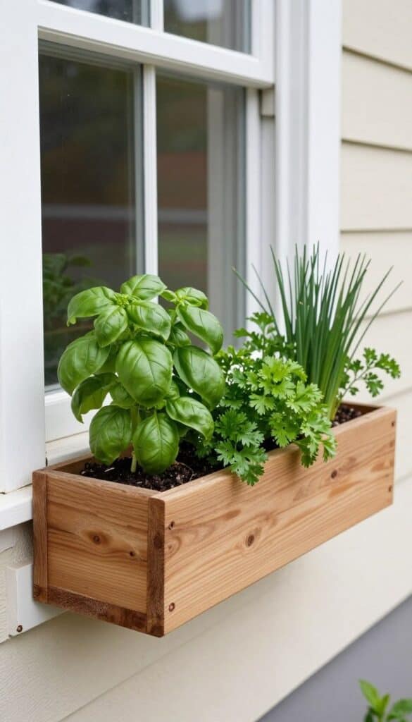 Window boxes mounted on wall filled with basil, parsley, and chives Window boxes mounted on a wall filled with basil, parsley and chives