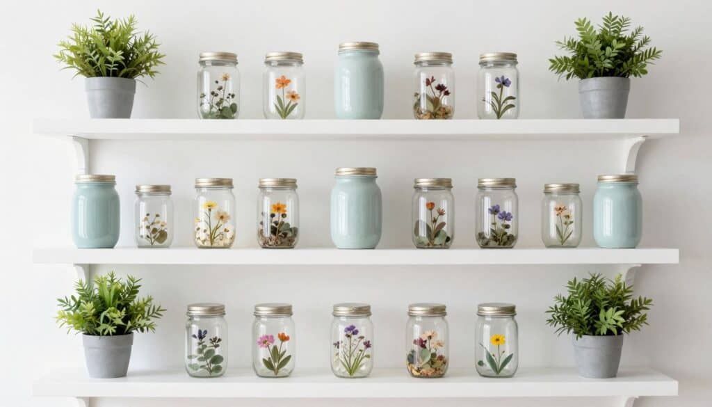 beautifully styled collection of various mason jar crafts on white shelves