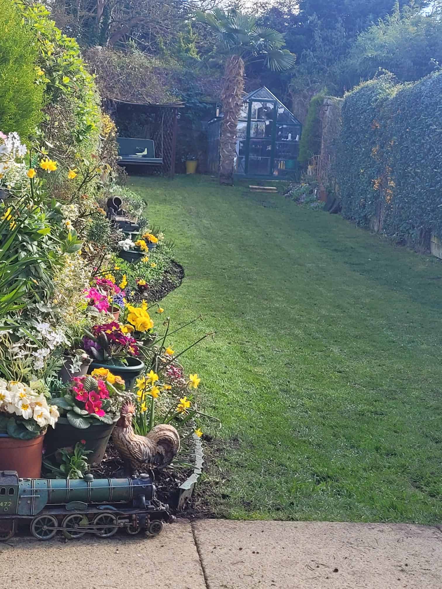 Colorful flower border in Alex’s English cottage garden with a neatly mown lawn, greenhouse, ornamental palm tree, and cottage garden ornaments.
