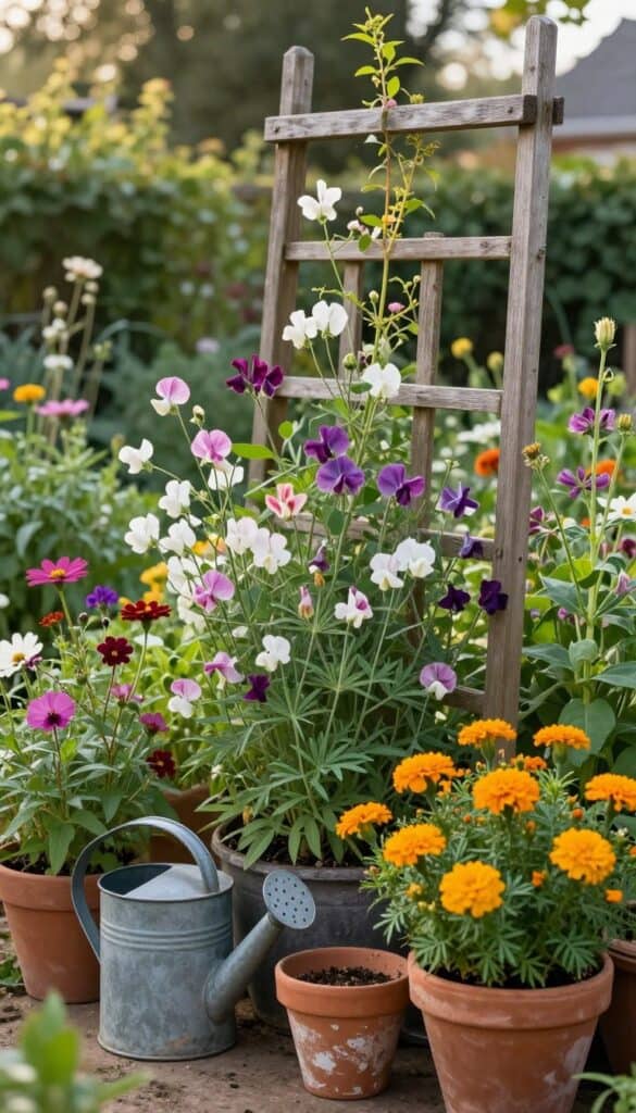 charming cottage garden with mixed flowers and vintage elements showing timeless cottage garden asymmetry