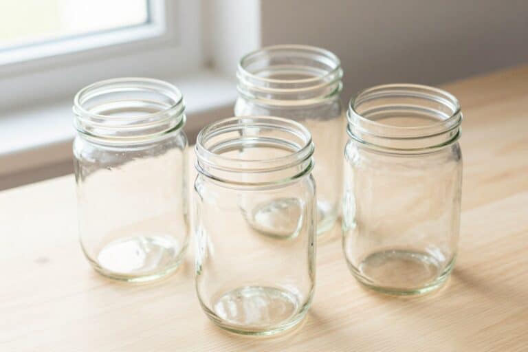 clean mason jars ready for painting on a neutral surface for vintage look tutorial