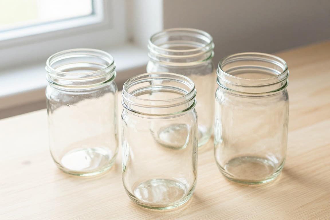 clean mason jars ready for painting on a neutral surface for vintage look tutorial