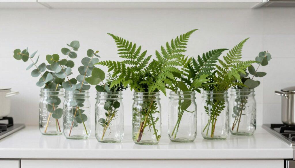 collection of mason jar greenery displays on kitchen counter