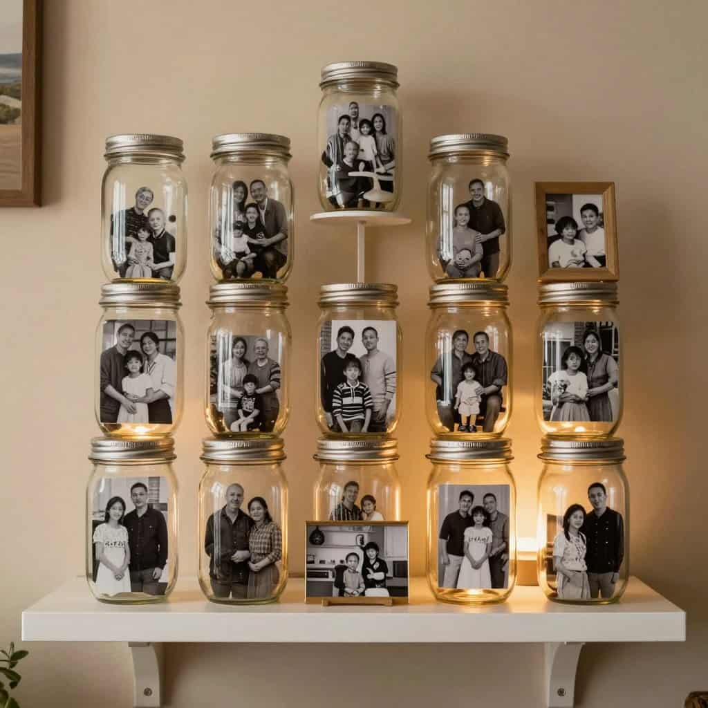 collection of photo memory jars on a shelf with soft lighting