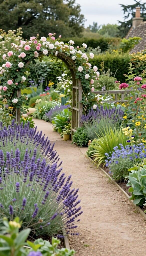 complete English cottage garden with lavender borders and climbing roses
