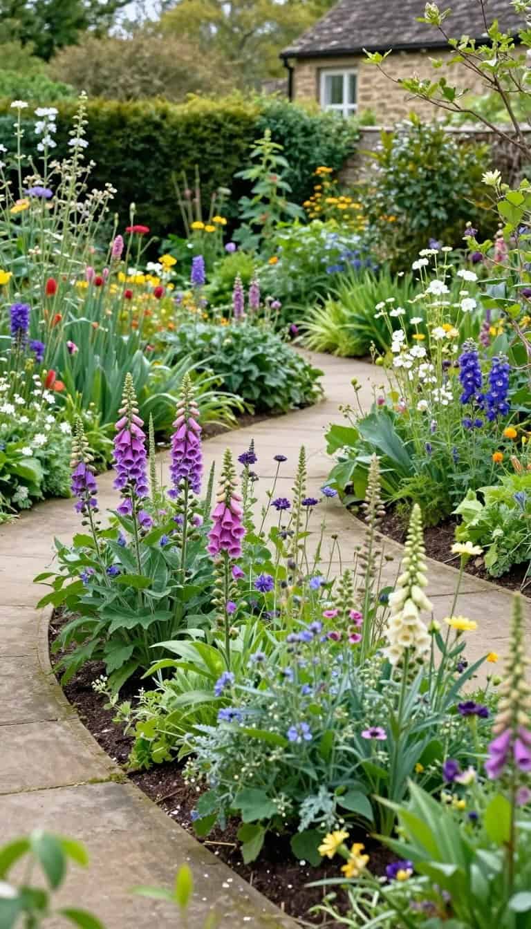 cottage garden asymmetry with uneven planting and natural flowing layout showing organic growth patterns