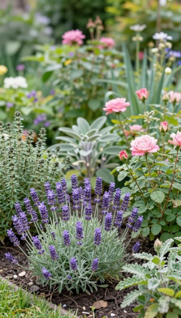 cottage garden bed mixing lavender, roses, and herbs