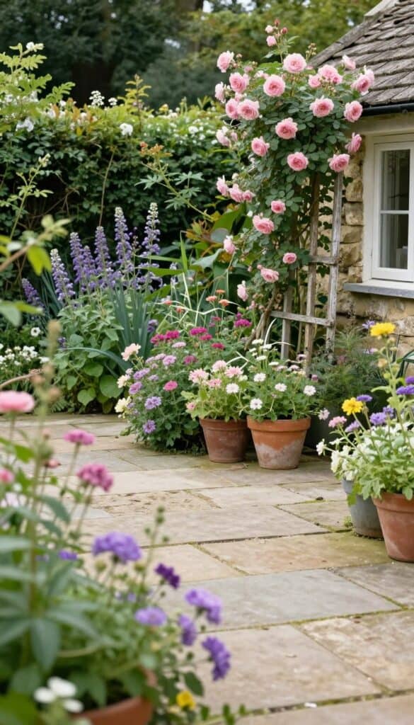 cottage garden patio corner showing seamless integration of materials and plants