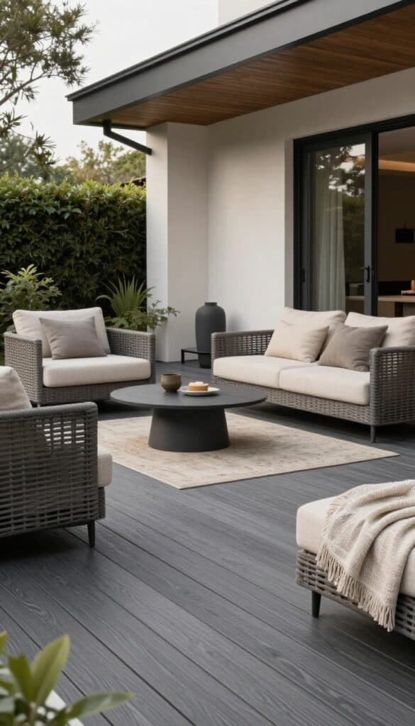 dark greige deck with neutral outdoor furniture and layered textures