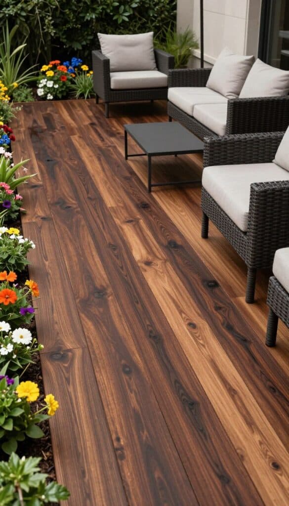 deep espresso brown stain on cedar deck creating bold dramatic sophisticated outdoor appearance