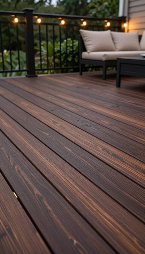 deep espresso brown stained deck with black railings and warm outdoor lighting