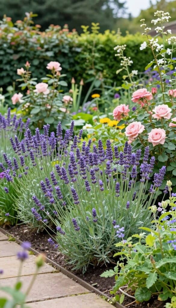 established cottage garden with mature lavender and roses