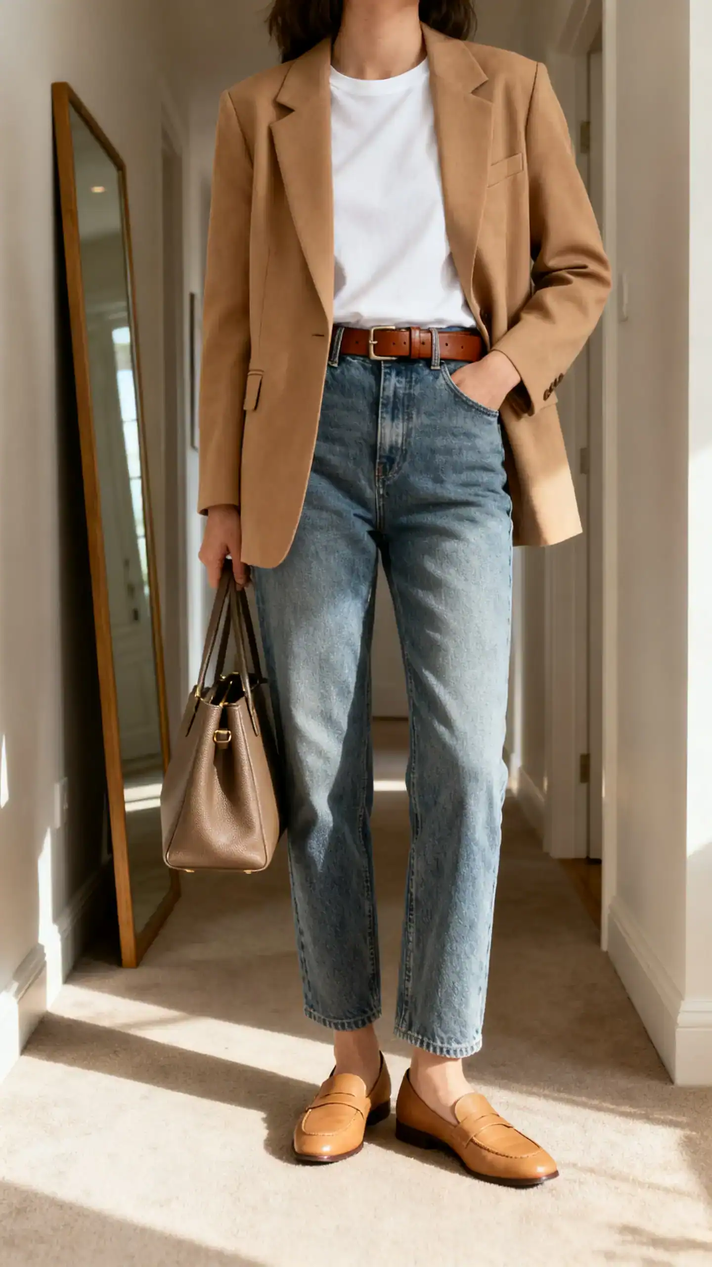 iPhone back view of a woman wearing a camel blazer over a simple white tee, straight-leg medium-wash denim, brown leather belt, tan loafers, and a structured tote, face not visible, hallway mirror, afternoon indoor light, iPhone photo quality.