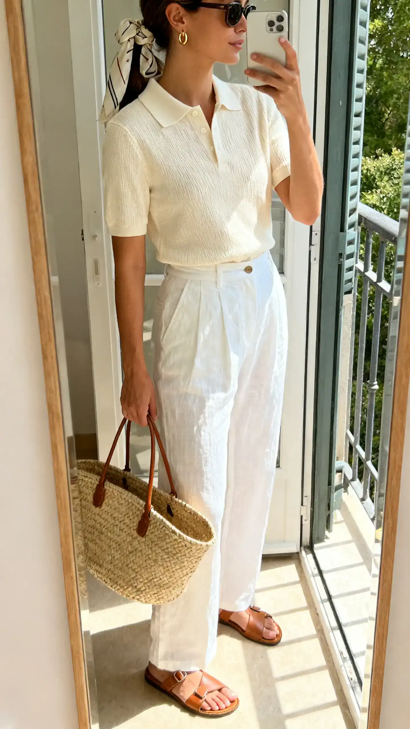 iPhone mirror selfie of a woman in a cream short-sleeve polo knit with high-waisted white linen trousers, leather sandals, woven tote, sunglasses and a silk scarf tied in hair, thin gold hoop earrings, face not visible, side angle, sunlit balcony door mirror, iPhone photo quality.
