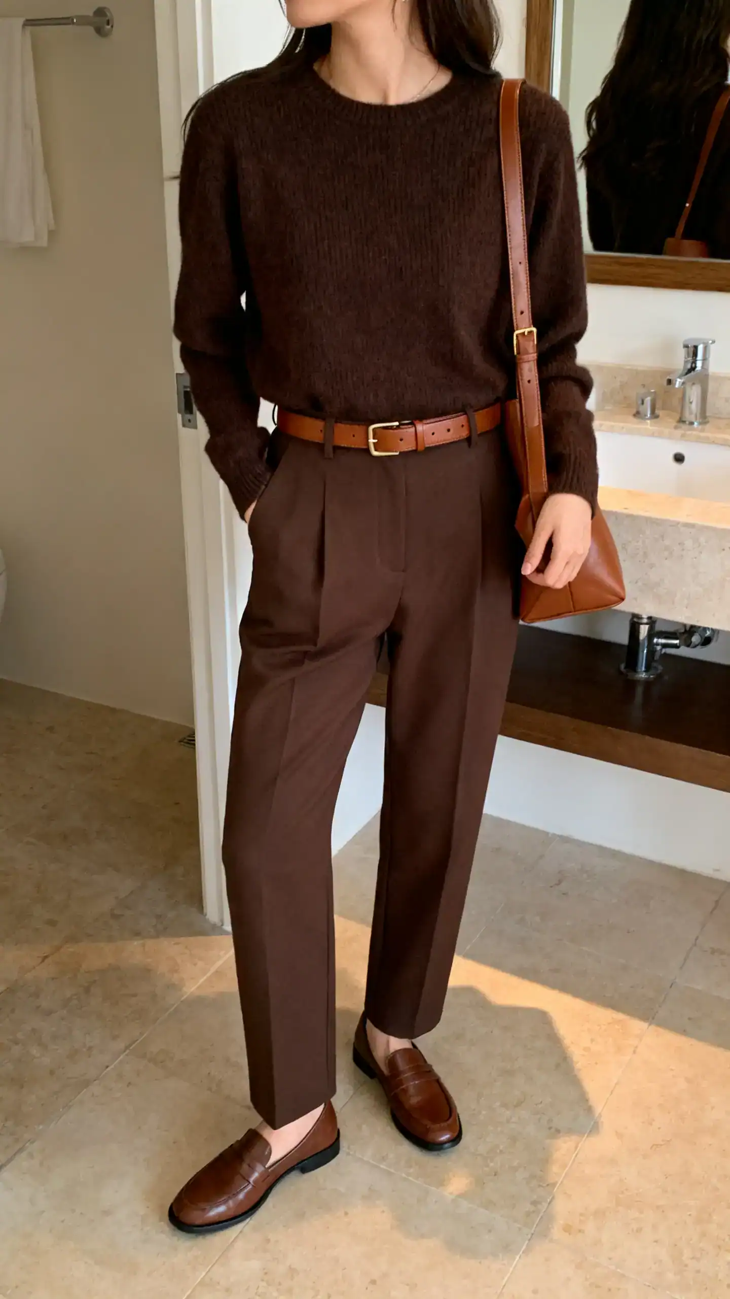 iPhone mirror selfie of a woman in a monochrome chocolate set: dark brown knit top, matching chocolate tailored trousers, brown leather belt, brown loafers, and a cocoa-toned shoulder bag, face not visible, side angle, bathroom mirror, soft indoor lighting, iPhone photo quality.