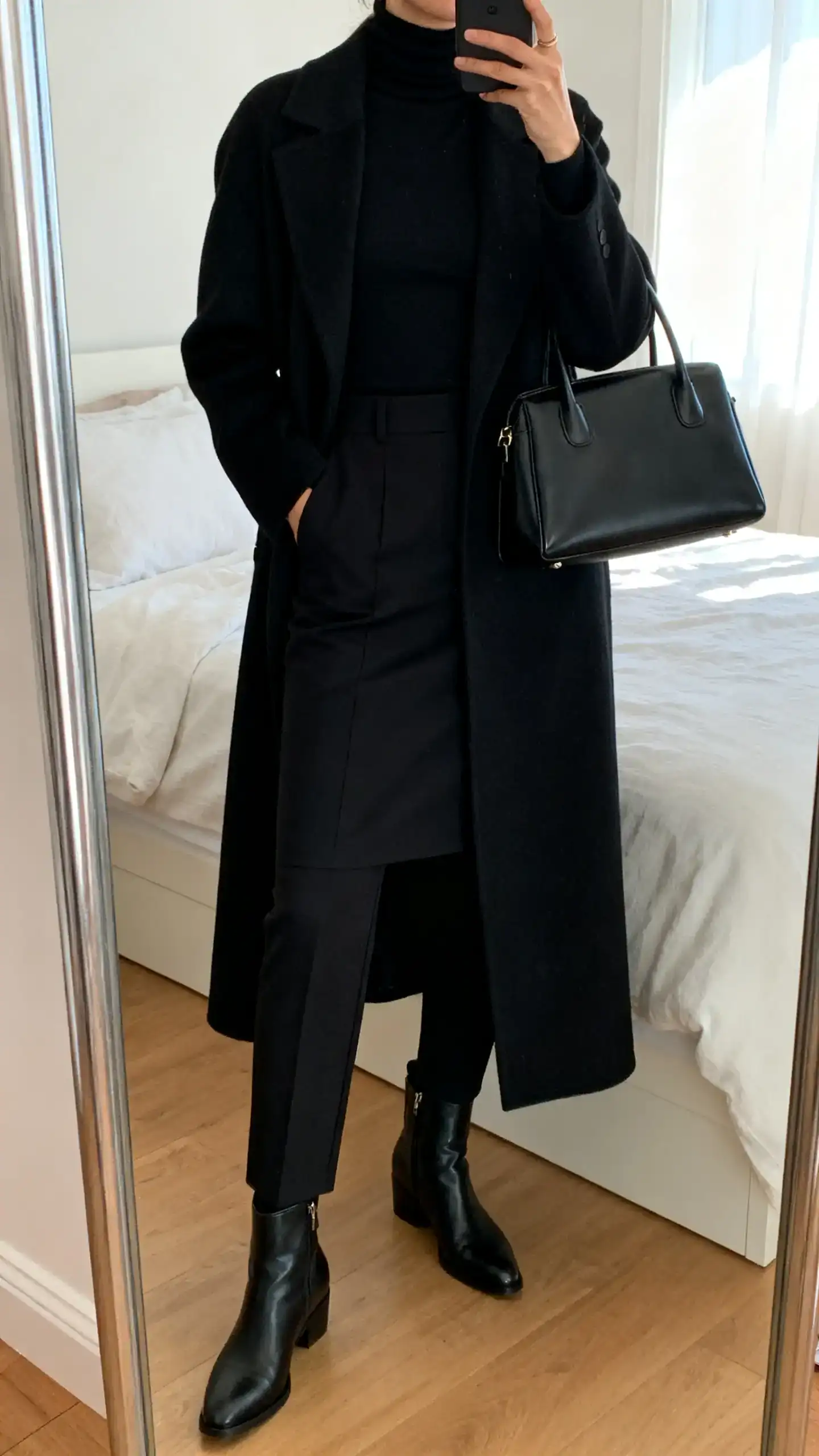 iPhone mirror selfie of a woman in an all-black column: black fitted turtleneck and black straight skirt/pants, topped with a statement long black coat, black ankle boots, and a sleek black bag, face not visible, cropped at neck, bedroom mirror, natural light, iPhone photo quality.