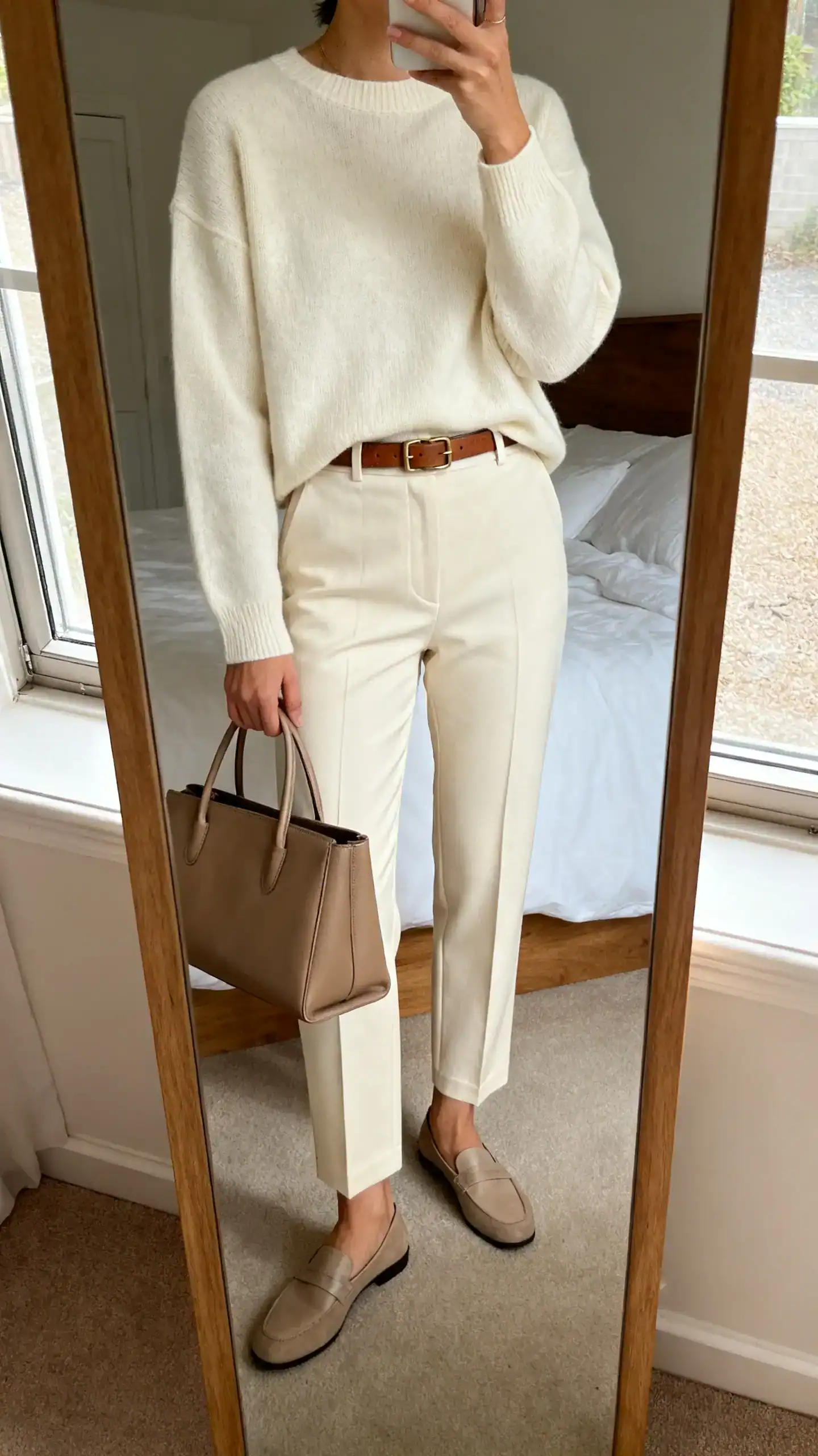 iPhone mirror selfie of a woman wearing a cream cashmere crewneck, tailored beige/cream trousers with a sharp crease, slim leather belt, minimalist loafers, and a structured leather tote, face not visible, cropped at neck, bedroom mirror, morning window light, iPhone photo quality.