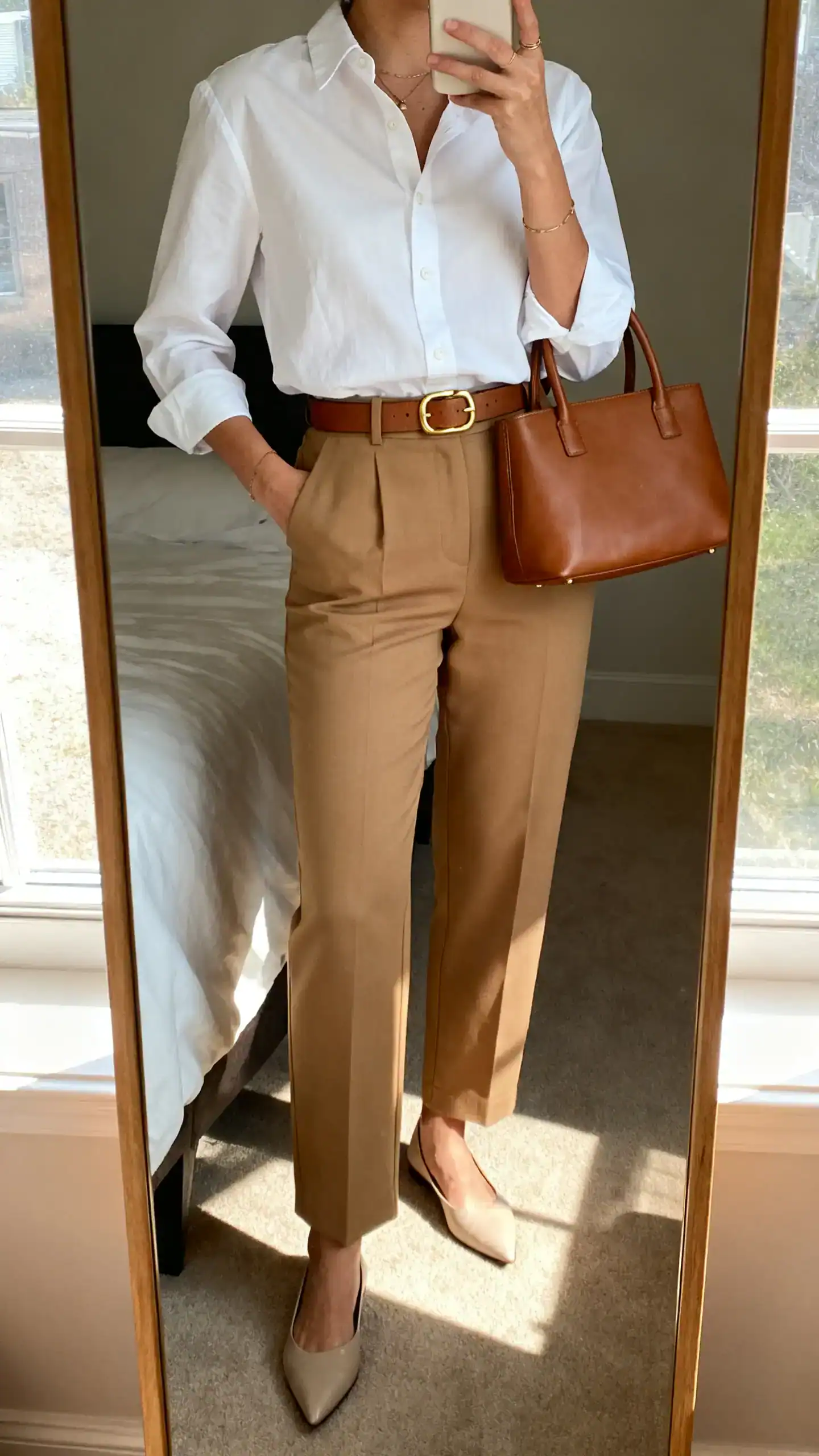 iPhone mirror selfie of a woman wearing a crisp white poplin button-down tucked into high-waisted camel tailored trousers, slim leather belt with subtle gold buckle, pointed-toe flats, structured leather top-handle bag, minimal jewelry, face not visible, cropped at neck, bedroom mirror, natural window light, iPhone photo quality.