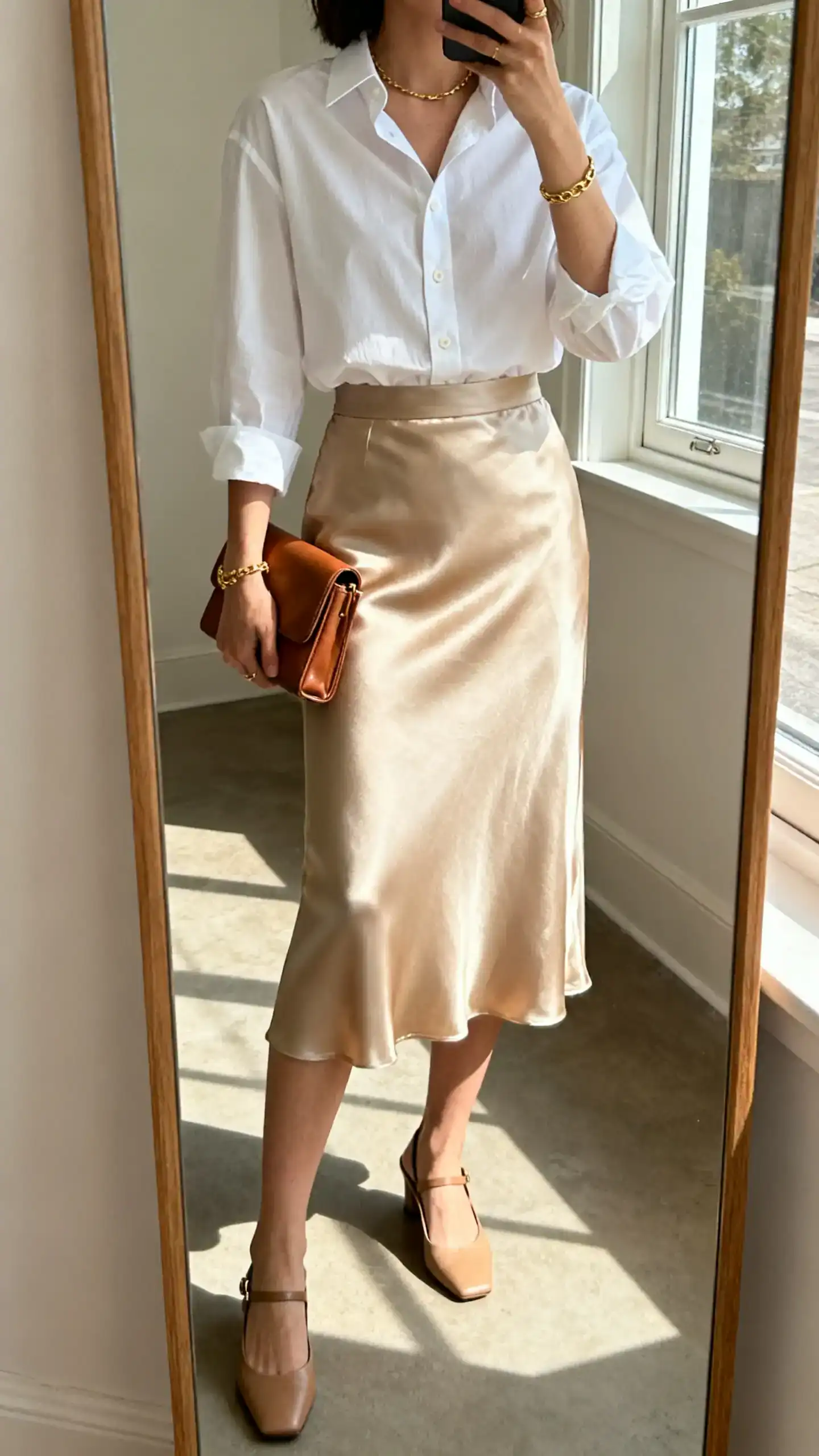 iPhone mirror selfie of a woman wearing a crisp white button-down tucked into a champagne silk midi skirt, delicate gold jewelry, minimalist slingback heels, and a small leather clutch, face not visible, cropped at shoulders, full-length mirror, natural window light, iPhone photo quality.