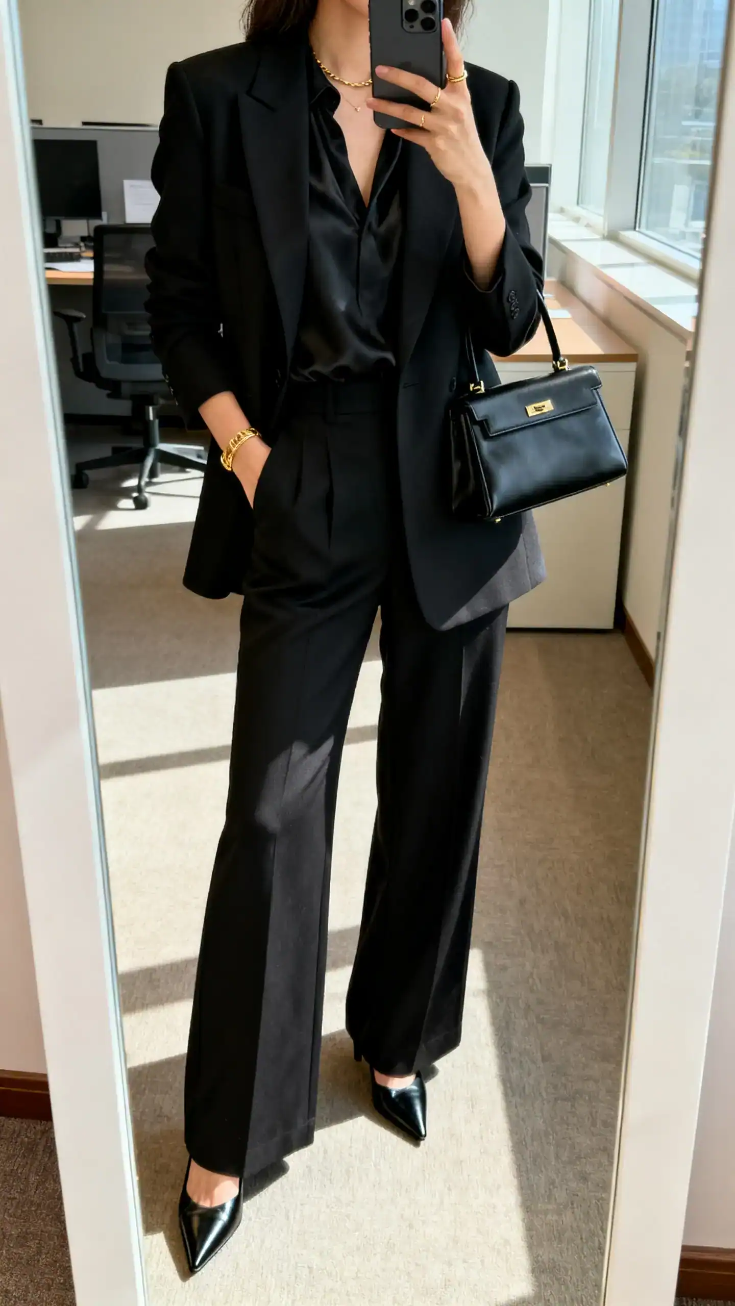 iPhone mirror selfie of a woman wearing an all-black tailored set: single-breasted blazer, black silk blouse, black wide-leg trousers, black pointed pumps, structured black bag, minimal gold jewelry, face not visible, cropped at neck, office full-length mirror, indoor daylight, iPhone photo quality.