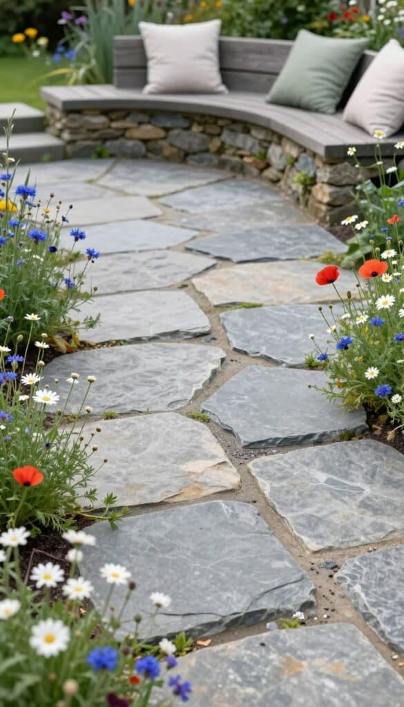flagstone patio corner with wildflowers growing around the edges creating natural beauty