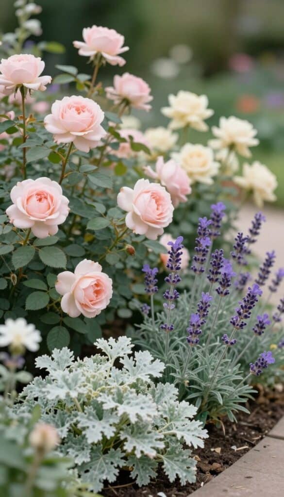 garden bed with pastel roses and soft lavender tones