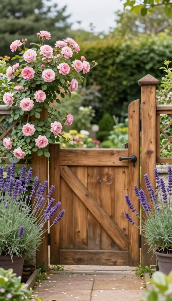garden gate framed with roses and lavender on either side