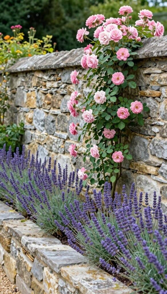 garden wall with lavender at the base and climbing roses above