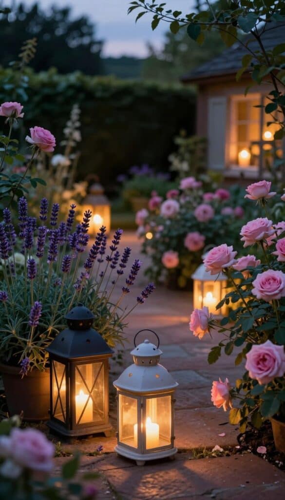 garden with lavender and roses softly lit by candles at dusk