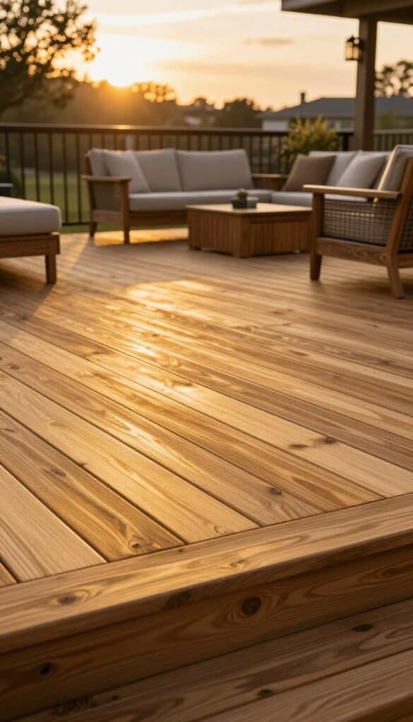 golden amber stain on cedar deck bringing natural warmth with rich golden glow in evening sunset light