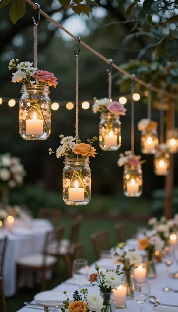 hanging mason jar centerpieces suspended above wedding tables