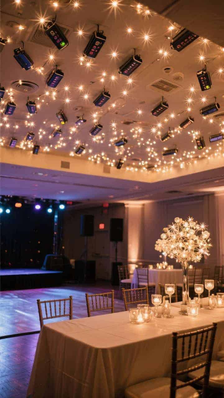 5 feet. Over a head table to the side, show a tighter cluster; over the dance area, a broader, scattered constellation. Battery packs tucked discreetly with timer lights. Warm sparkle with depth, viewed from one corner upward to emphasize height and layering.
