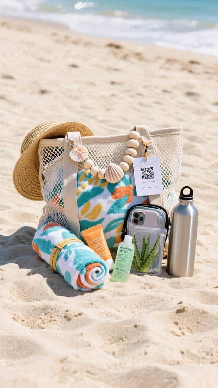 Bright beach-ready medium shot of a mesh beach tote on sand: sand-proof beach blanket rolled and strapped, reef-safe sunscreen and aloe gel, quick-dry towel in a bold print, waterproof phone pouch, and an insulated water bottle; top with a straw hat clip and a shell garland tag; a small card with a playlist QR code attached; sunlit, high-contrast reflections, airy coastal vibe, visible sand texture.