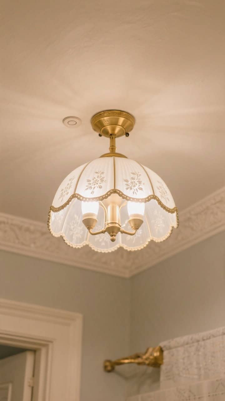 Ceiling-focused medium shot of a romantic flush mount with a vintage pleated or floral etched-glass shade and scalloped brass trim; warm LED 40–60W equivalent per socket; fixture on a dimmer casting soft light over a Paris-inspired bath with pale plaster ceiling and crown molding; builder-basic avoided, chic detailing emphasized.