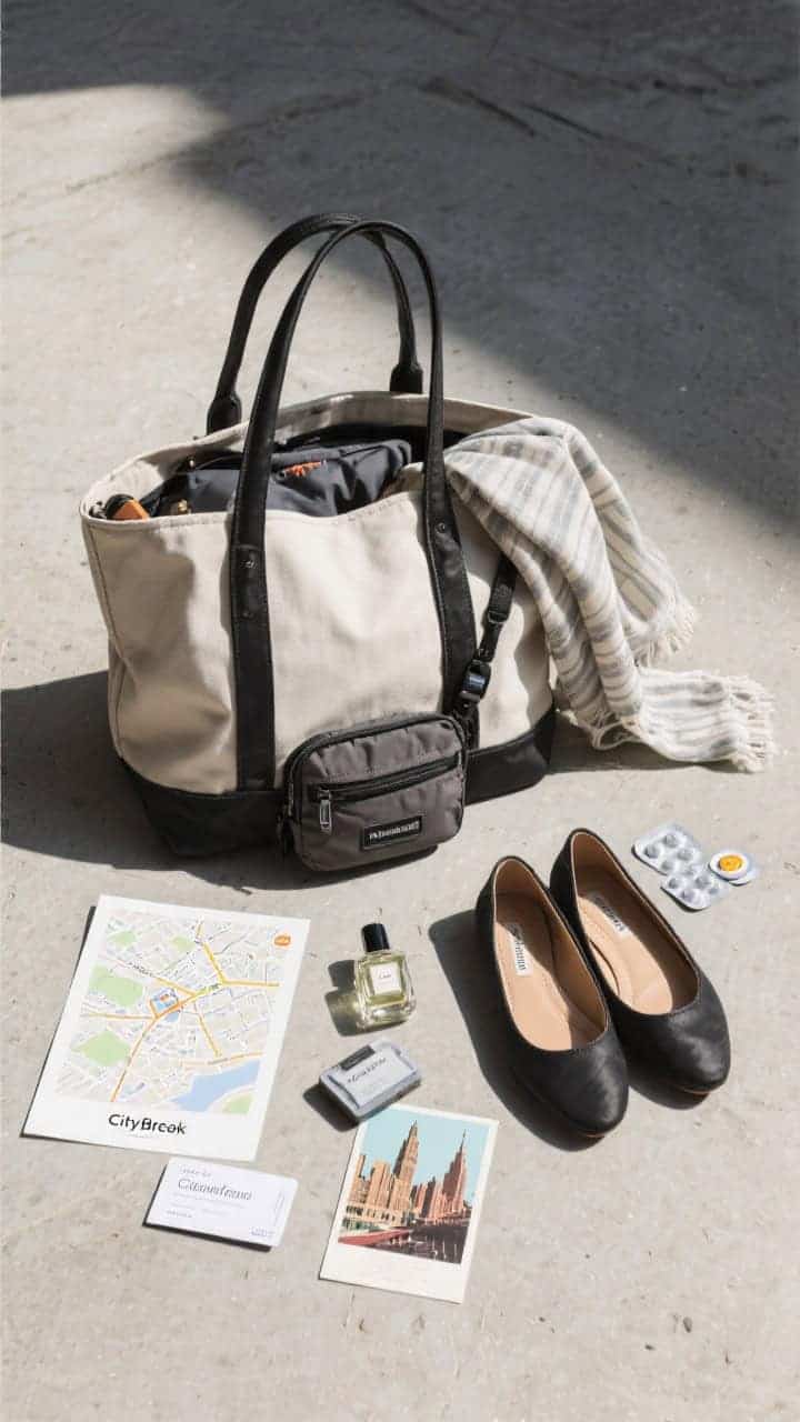 Chic, urban flat-lay of a City Break tote on a concrete surface: structured market tote partially packed with a packable anti-theft crossbody, lightweight scarf draped for texture, refillable perfume atomizer, foldable flats next to blister patches, and a slim city transit card holder; add a mini map print and an art postcard of the city plus a restaurant cheat sheet card; cool daylight with subtle shadows, modern neutral palette with one accent color.