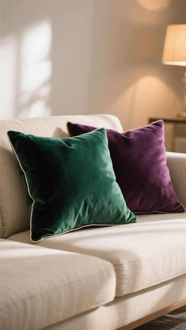 Closeup: A pair of jewel-tone velvet throw pillows—emerald and deep plum—on a neutral beige linen sofa, afternoon sunlight and warm lamp glow grazing the velvet to create a soft sheen; contrast piping on the edges; mixed with a smooth cotton solid pillow for high-low balance; photorealistic, shallow depth of field to emphasize the plush, plump inserts.