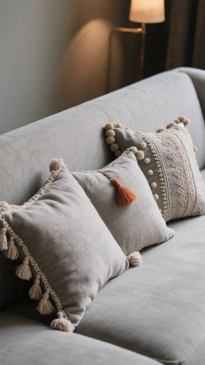 Closeup: A trio of handcrafted-detail pillows on a soft gray sofa—one with tonal tassels on the corners, one with subtle tonal embroidery, and one with small pom-poms; trims kept mostly tonal for elegance, with a single color-pop tassel accent; warm ambient lighting to reveal artisanal depth and softened edges.