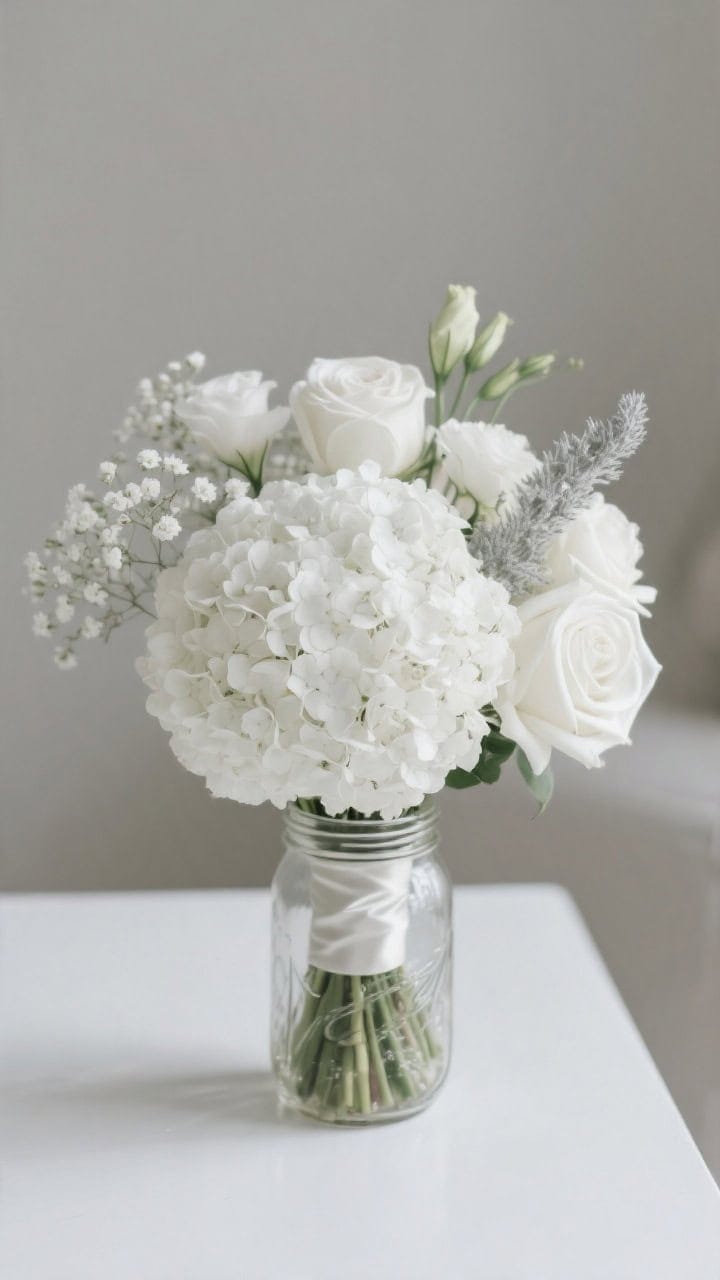 Closeup detail shot: An all-white monochrome bouquet in a mason jar wrapped with a thin satin ribbon, featuring a large hydrangea base with white roses, lisianthus, and airy baby’s breath tucked tightly for a low, rounded silhouette; a hint of silvery dusty miller for subtle contrast; clean modern styling on a neutral tabletop, soft diffused lighting.