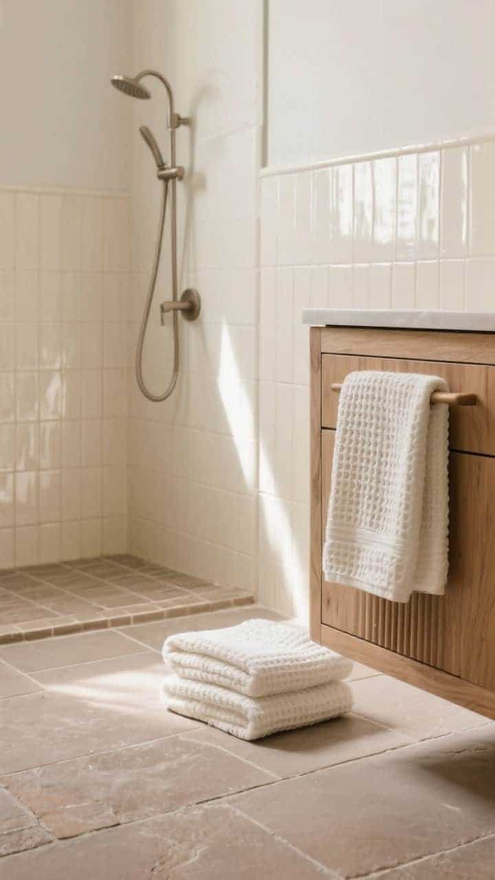 Closeup detail shot of layered bathroom textures: matte stone floor tiles in soft taupe beside glossy cream subway tile in the shower wall, a ribbed fluted oak vanity with a satin finish, and folded linen and waffle-weave towels in creamy white; warm almond grout, soft natural morning light grazing the surfaces, creating tactile dimension and subtle contrast between creamy paint and slightly darker tile.
