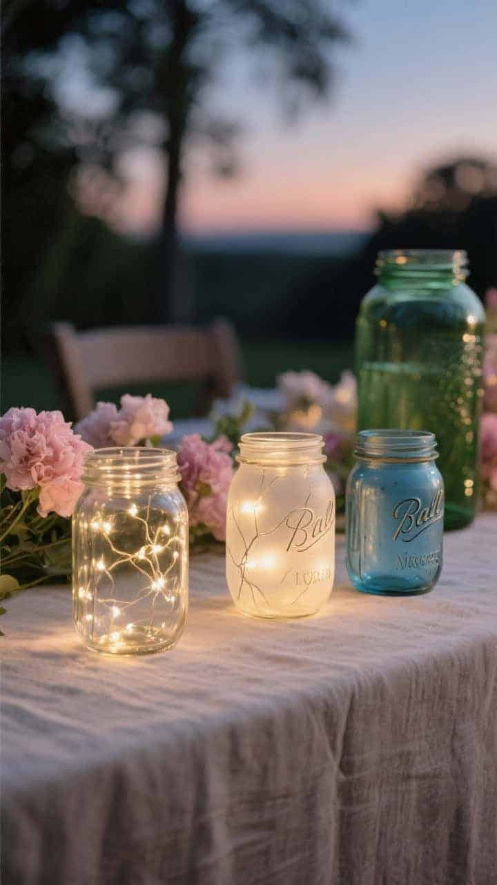 Closeup detail shot of three mason jars side by side on a neutral linen runner at dusk: one clear glass jar sparkling with visible, crisp fairy lights; one softly frosted/etched jar diffusing the glow and concealing the wire; one vintage blue jar casting a warm, nostalgic tint flattering to surrounding blush florals. Include a larger quart jar and a smaller pint jar for scale contrast, and a deliberately avoided thick green-tinted jar placed in the background, slightly out of focus. Warm evening ambient light, photorealistic, straight-on angle.