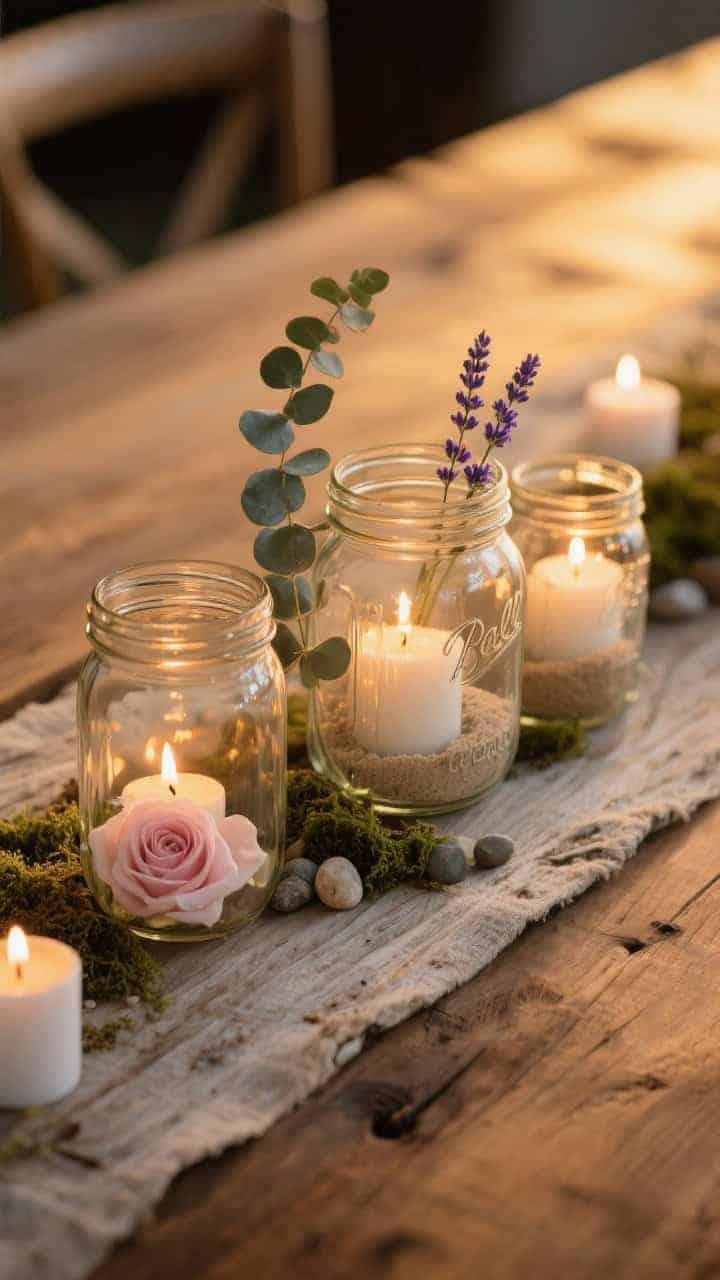 Closeup, evening candlelit table centerpiece: a clustered trio of mason jars in quart, pint, and mini sizes set on a reclaimed wood runner; white tea lights and one jar with a floating candle and pale blush rose petals; subtle sprig of eucalyptus and a stem of lavender tucked beside jars; fillers of sand, pebbles, and faux moss anchoring candles; warm golden-hour glow, softly diffused, shallow depth of field highlighting glass texture and gentle flame reflections; rustic farmhouse mood, no people.