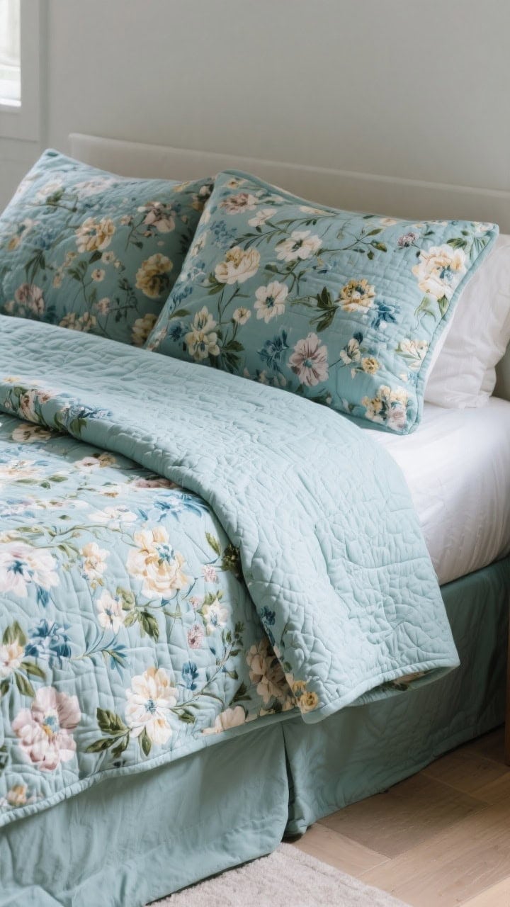 Closeup from bed corner: The two-quilt trick—a patterned floral quilt on top with a calm, tone-on-tone quilt beneath, the bottom quilt peeking at the edges; bottom shade pulled from the floral (sage or dusty blue); plush, layered boutique look without bulk; soft, diffuse afternoon light emphasizing loft.