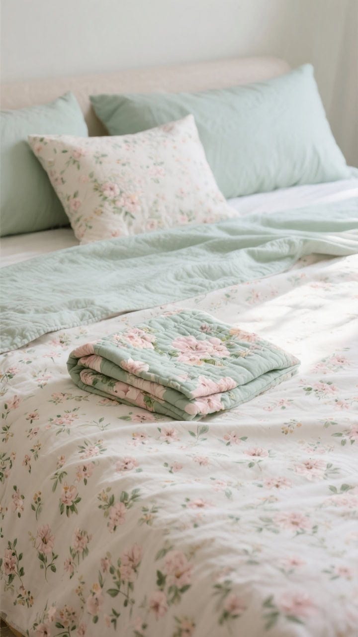 Closeup of bedding surface: ditsy floral sheets with tiny scattered blooms in soft blush and sage, paired with coordinating pillowcases; a solid lightweight coverlet on top; a single folded floral quilt at the foot; natural daylight highlighting the fine print that hides wear; calm, subtle-romantic mood.