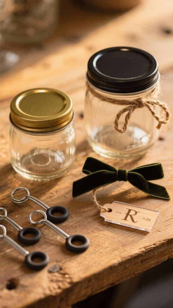 Closeup of jar rims and finishes arranged on a wooden workbench at golden hour: a clear jar with a brushed gold lid, another with a matte black lid, one with the lid off showing just the jar ring and a tidy wire loop for hanging. Include twine and velvet ribbon tied snugly around rims with short, safe tails; a set of metal handles made from 14–16 gauge wire; rubber grommets installed in a lid for clean wire pass-through; and small personalized wood and acrylic tags with initials and table numbers. Warm, soft lighting, straight-on macro perspective.