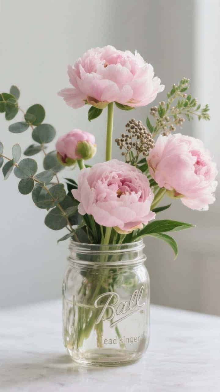 Closeup portrait: A wide-mouth mason jar with 3–5 soft pink peonies paired with seeded eucalyptus and Italian ruscus, one peony rising slightly taller as the focal “lead singer”; outer guard petals gently removed for fuller blooms, airy spacing so the peonies have room to breathe; fresh green foliage glow, romantic and plush, soft natural light.