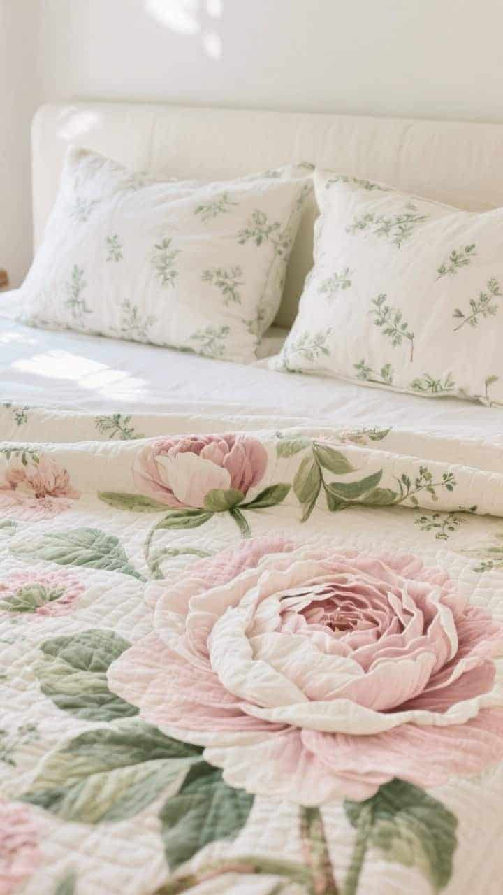 Closeup, straight-on: A floral quilt with large cabbage rose and peony motifs in blush and sage draped over a bed, paired with sheets and pillowcases in a tiny sage sprig print; cohesive palette of blush, sage, and cream; the hero large-scale floral on the quilt, micro-prints on sheets; soft morning natural light emphasizing fabric texture; neutral off-white headboard, no clutter.