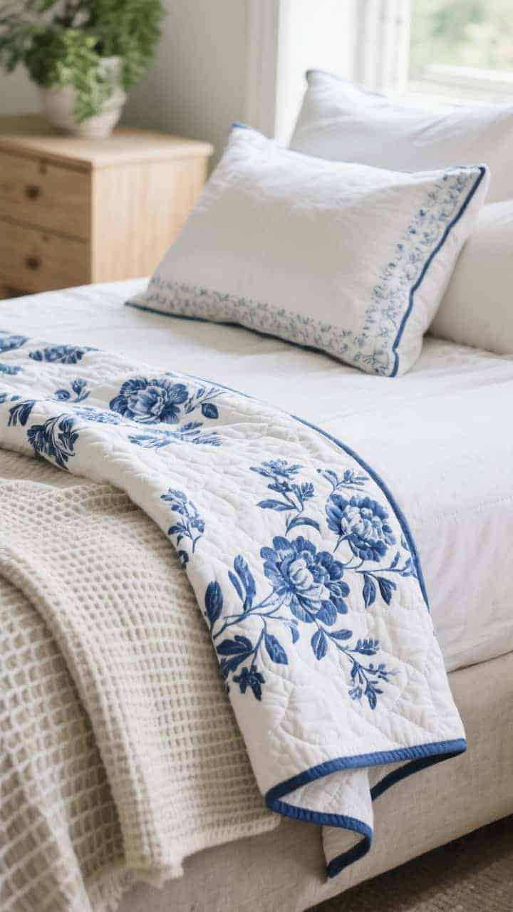 Closeup, straight-on detail: Monochrome floral quilt in blue-on-white draped over the bed edge; layered textures nearby—waffle weave blanket, matelassé coverlet, and linen pillow; contrast piping on a sham and subtle embroidered edge; soft greenery and light wood nightstand in the background to keep the scene lively; gentle window light.