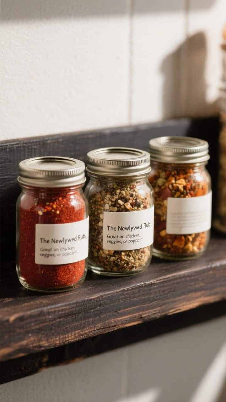 Closeup, straight-on detail of small mason jars filled with spice blends: a deep red BBQ rub, speckled everything bagel seasoning, and warm-toned taco mix; matte labels with simple typography, cheeky name “The Newlywed Rub,” and a small usage note: “Great on chicken, veggies, or popcorn”; jars lined on a dark wood board with side lighting to emphasize texture, no people.
