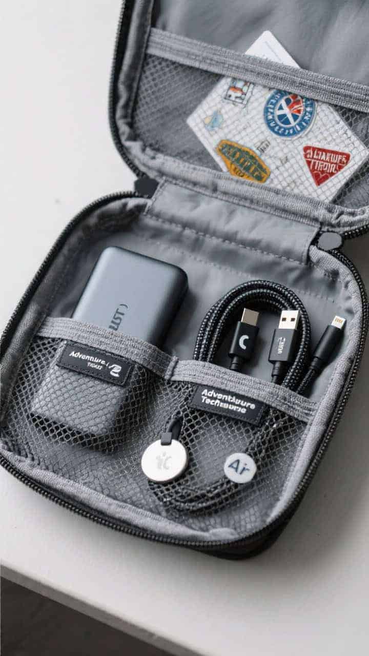Closeup, straight-on view of an open Adventure-Ready Tech Pouch: labeled mesh pockets holding a slim high-capacity power bank, a universal travel adapter with USB-C, short braided cables (USB-C, Lightning, micro-USB), and an AirTag; cable labels feature small icon graphics; a sticker sheet of destination badges sits partially tucked in; crisp, modern lighting highlighting technical materials, neutral and graphite tones.