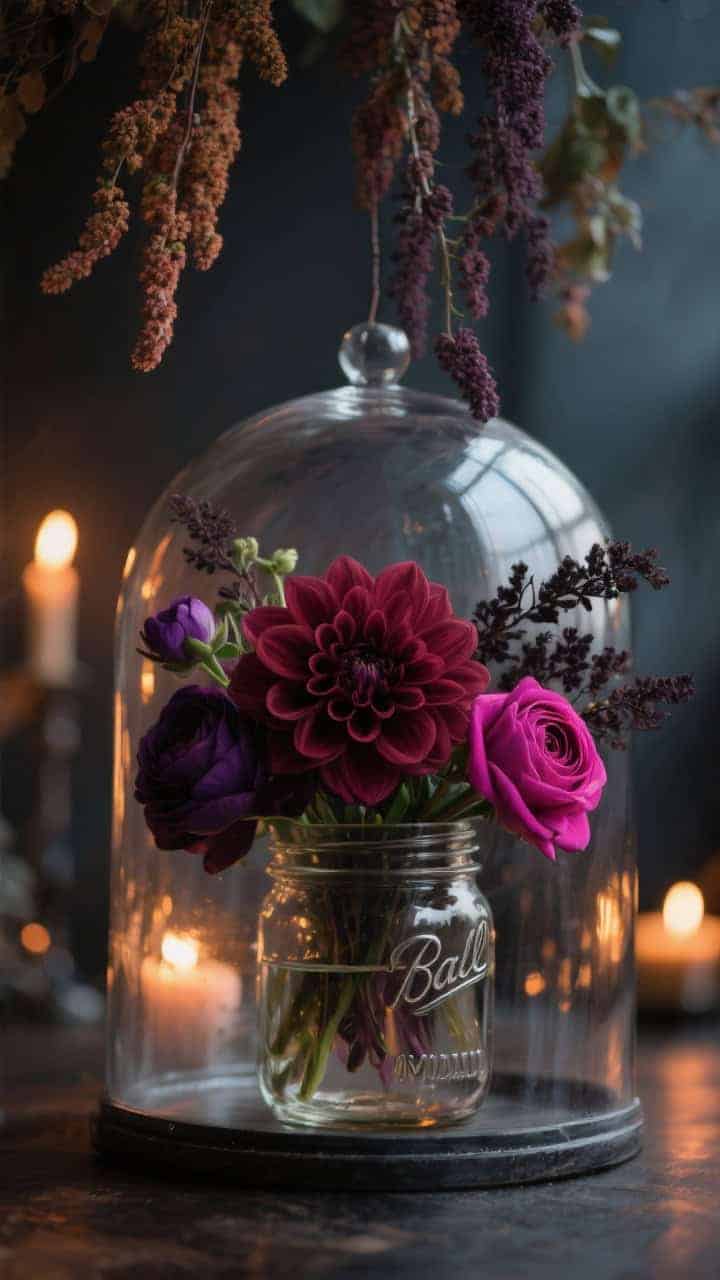 Closeup three-quarter view: A clear smoky-glass mason jar brimming with jewel tones—burgundy dahlias centered in a soft dome, plum ranunculus tucked low for dimension, fuchsia roses, and dark ruscus or smoke bush; darkest tones layered in the center, brighter toward edges; optional hanging amaranthus for dramatic drape; moody fall ambiance illuminated by warm candlelight reflections.